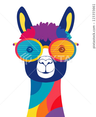 戴著時髦眼鏡的羊駝的彩色剪影的插圖，白色背景上的切口 115355661