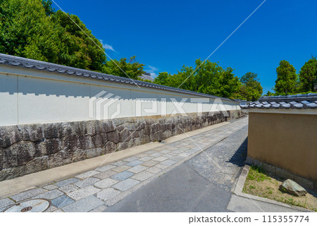 The stone-paved road and white wall of Myoshinji temple on a clear day 115355774