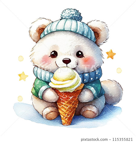Illustration of a baby polar bear character eating ice cream, cut out on white background 115355821