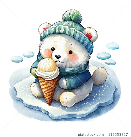 北極熊寶寶吃冰淇淋的插圖，白色背景的切口 115355827