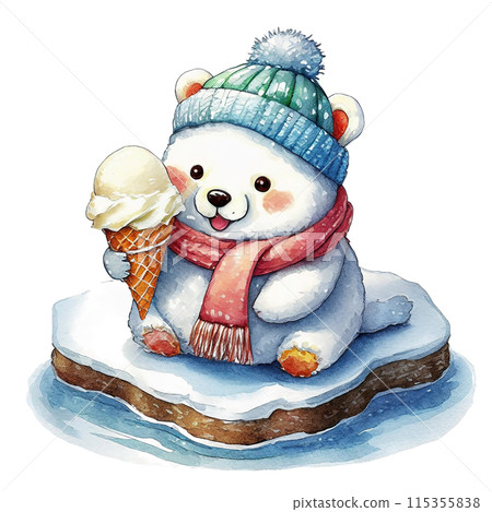 Illustration of a baby polar bear character eating ice cream, cut out on white background 115355838