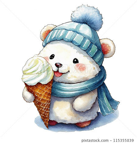 Illustration of a baby polar bear character eating ice cream, cut out on white background 115355839