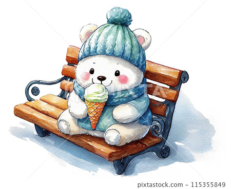 Illustration of a baby polar bear character eating ice cream, cut out on white background 115355849