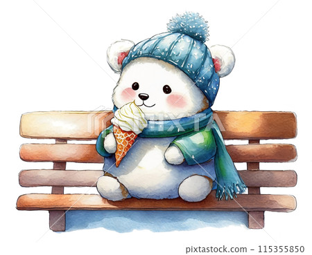 Illustration of a baby polar bear character eating ice cream, cut out on white background 115355850