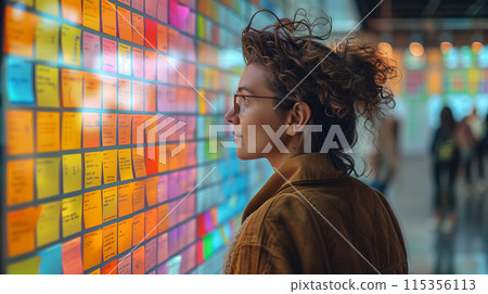 Woman examining PostIt notes on wall to brainstorm ideas in a creative workspace 115356113