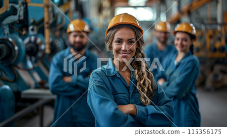 A team of engineers in hardhats and workwear working confidently in an industrial setting 115356175