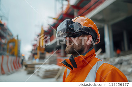 Construction worker using VR glasses at a site for modern engineering and innovation 115356177