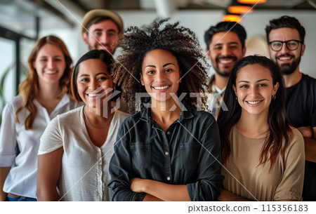 A diverse group of young professionals is captured smiling in a modern office setting 115356183