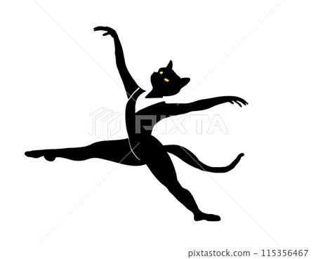 Silhouette illustration of a black cat ballet dancer, cut out on white background 115356467