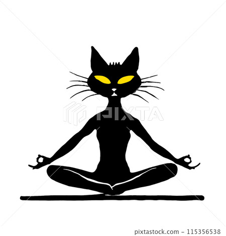一隻黑貓做瑜珈姿勢的剪影插圖，白色背景上的切口 115356538