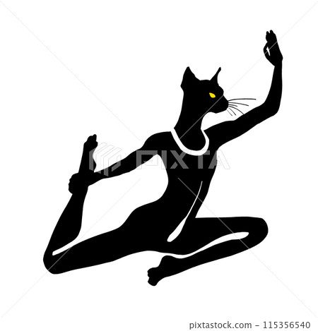 一隻黑貓做瑜珈姿勢的剪影插圖,白色背景上的切口 一隻黑貓做瑜珈姿勢的剪影插圖,白色背景上的切口 115356540