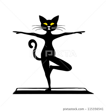 一隻黑貓做瑜珈姿勢的剪影插圖，白色背景上的切口 115356541