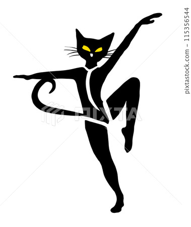 一隻黑貓做瑜珈姿勢的剪影插圖，白色背景上的切口 115356544
