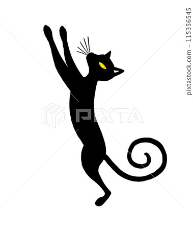 一隻黑貓做瑜珈姿勢的剪影插圖,白色背景上的切口 一隻黑貓做瑜珈姿勢的剪影插圖,白色背景上的切口 115356545