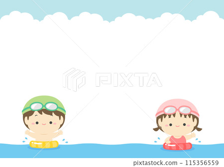 夏季框架背景素材，可愛的孩子們在海裡玩耍，藍天和雷雲與複製空間插畫素材04 115356559