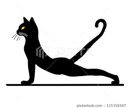 一隻黑貓做伏地挺身的剪影插圖,白色背景上的切口 一隻黑貓做伏地挺身的剪影插圖,白色背景上的切口 115356587