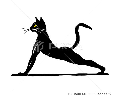 一隻黑貓做伏地挺身的剪影插圖，白色背景上的切口 115356589