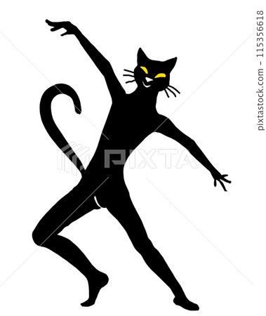 一隻黑貓的剪影的插圖，擺著俏皮的姿勢，白色背景上的切口 115356618