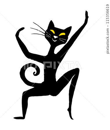 Silhouette illustration of a black cat making a silly pose, cut out on white background 115356619