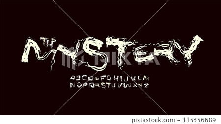 Mystery spooky font, eerie distorted letters, dark horror typeface for frightening logo, chilling headline, gothic horror typography. Vector typeset. 115356689