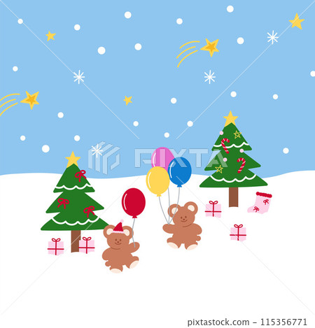 Christmas tree with snow, Teddy Bear, balloon, gift box for Christmas card, background, festive wallpaper, winter backdrop, social media, poster, post card, gift wrap, packaging, December's template 115356771