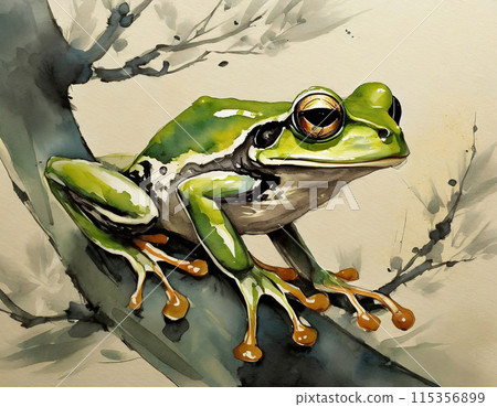A three-dimensional frog illustration emerging from the background of a sumi-e painting 115356899