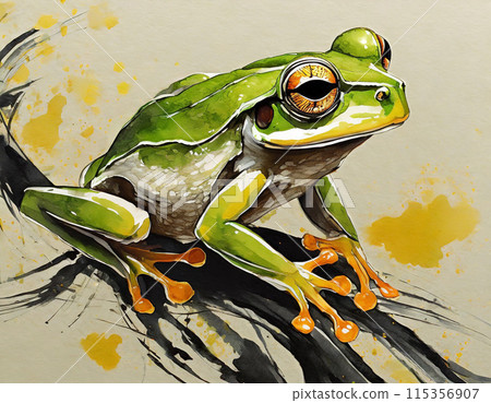 A three-dimensional frog illustration emerging from the background of a sumi-e painting 115356907