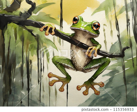 A three-dimensional frog illustration emerging from the background of a sumi-e painting A three-dimensional frog illustration emerging from the background of a sumi-e painting 115356933