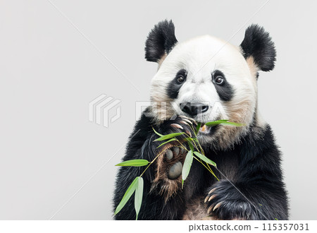 Close-up photo of a giant panda bear munching on a green stalk of bamboo. Wildlife Animals. Close-up photo of a giant panda bear munching on a green stalk of bamboo. Wildlife Animals. 115357031