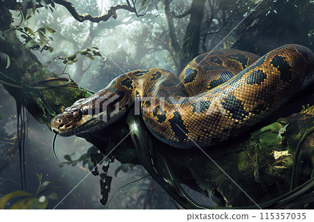 Giant anaconda snake coiled around a tree branch in a lush jungle, with sunlight filtering through the leaves. Reptile. Wildlife Animals. 115357035