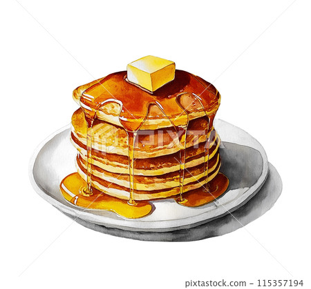 Illustration of a pancake tower with honey flowing, cut out on white background 115357194