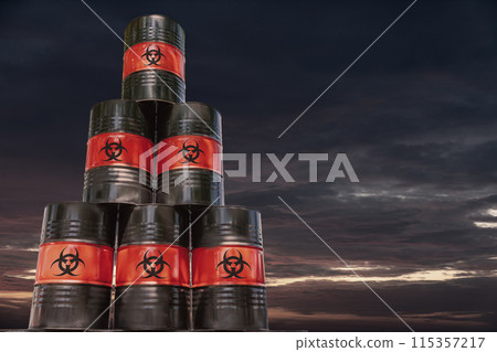 Stack of drums with poison symbol. Toxic waste concept. Stack of drums with poison symbol. Toxic waste concept. 115357217