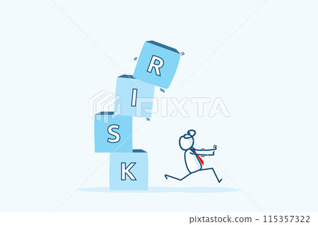 businessman stick figure character run away from collapsing box. uncertainty minimize risk avoid averse. safety decision for investment, security or stability. hand drawn style doodle illustration 115357322