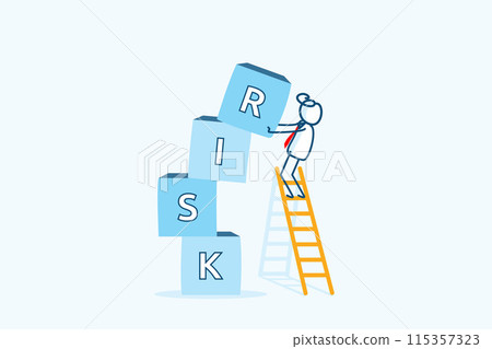 businessman stick figure character on ladder placing cube risk cubes. Risk management assessment and analyzing measuring for success investment opportunity. hand drawn style vector doodle illustration 115357323