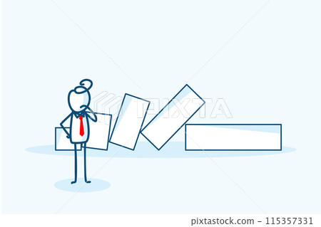 businessman stick figure character analyze declining collapsing domino bar graph effect. Business loss, investment forecast recession, negative return concept. hand drawn vector doodle illustration 115357331