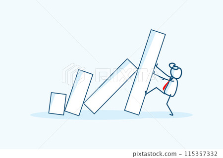 businessman stick figure character holding trying to stops falling domino effect. Crisis management, economic collapse metaphor, surviving business concept. hand drawn style vector doodle illustration businessman stick figure character holding trying to stops falling domino effect. Crisis management, economic collapse metaphor, surviving business concept. hand drawn style vector doodle illustration 115357332