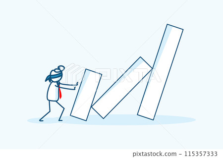 businessman stick figure character blindfold accidentally mistake make bar graph domino fall. business risk management, crisis economic collapse metaphor. hand drawn style vector doodle illustration 115357333