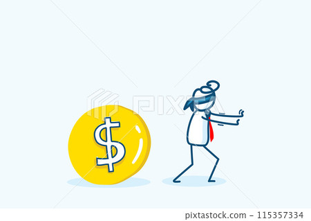 businessman stick figure character blindfold make wrong direction way of business decisions. miss or lost big salary career job opportunity. hand drawn style vector doodle illustration 115357334