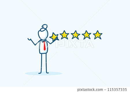businessman stick figure character hold 5 stars rating. Customer feedback, best quality, excellence performance, positive business reputation satisfaction. hand drawn style vector doodle illustration businessman stick figure character hold 5 stars rating. Customer feedback, best quality, excellence performance, positive business reputation satisfaction. hand drawn style vector doodle illustration 115357335