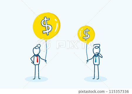 two businessman stick figure character holding coin as balloon. different income salary variation, pay gap concept. hand drawn style vector doodle illustration two businessman stick figure character holding coin as balloon. different income salary variation, pay gap concept. hand drawn style vector doodle illustration 115357336