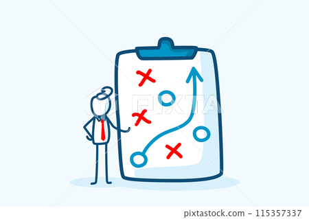 businessman stick figure character presenting business winning strategy board. marketing tactic planning, achieve target, solution to win, success concept. hand drawn style vector doodle illustration businessman stick figure character presenting business winning strategy board. marketing tactic planning, achieve target, solution to win, success concept. hand drawn style vector doodle illustration 115357337