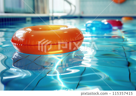 Peaceful indoor pool scene with inflatable swim rings in orange, blue, and red, offering a quiet and colorful escape for relaxation and play. 115357415