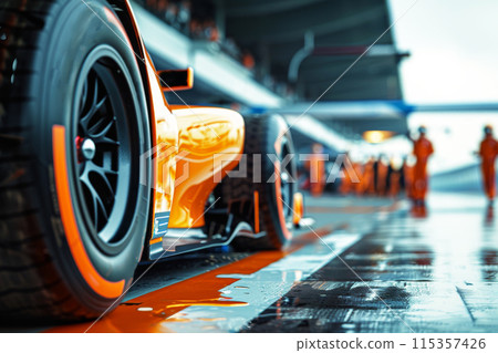 Close-up shots of sleek, high-performance race car in the pit lane, with teams preparing for the upcoming race. 115357426