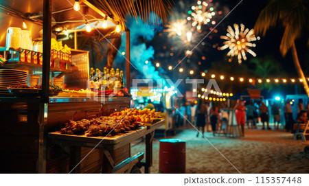 Holiday food truck serving on a beach adorned with fireworks lights 115357448