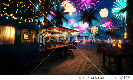 Beachside food truck at twilight, framed by palm silhouettes holiday decorations and popular street food. Evening lights and vacation tropical celebration atmosphere. 115357449