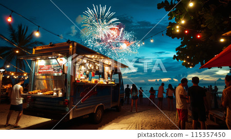 Food truck adorned with holiday decorations with popular street food on beach party. Evening lights and vacation tropical celebration atmosphere. 115357450