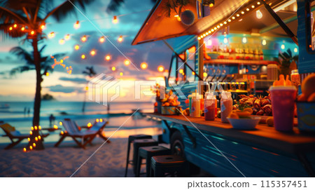 Food truck adorned with holiday decorations with popular street food on beach party. Evening lights and vacation tropical celebration atmosphere. 115357451