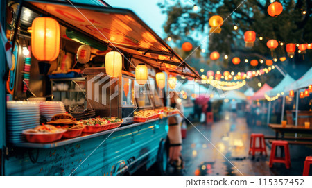 Food truck adorned with holiday decorations with popular street food. Evening lights and urban celebration atmosphere 115357452