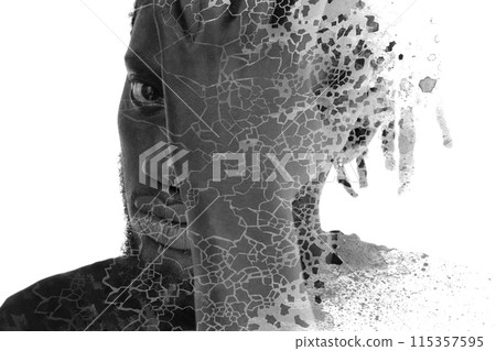 A black and white paintography portrait of a man merged with abstract graphics 115357595