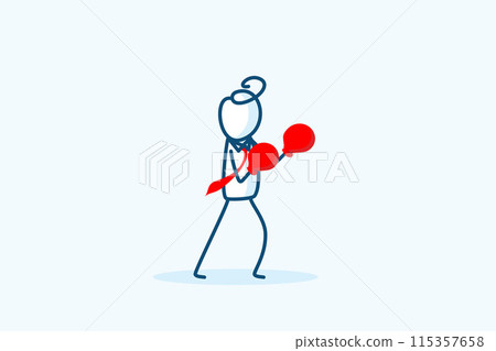 businessman stick figure character wearing a suit and tie ready to fight wearing boxing gloves. demonstrating power, strength, career competition concept. hand drawn style vector doodle illustration 115357658